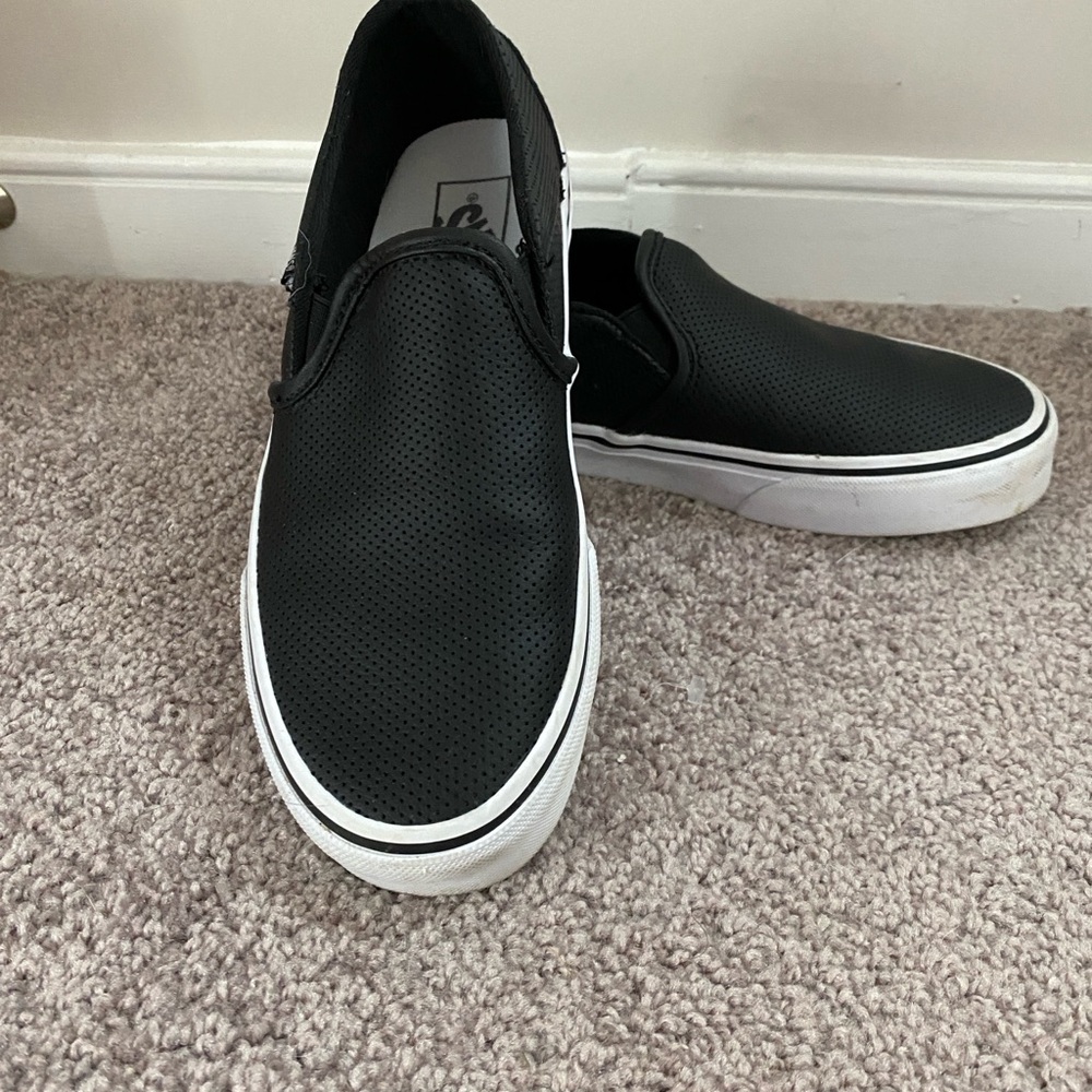 Vans Black and White Slip-On Sneakers with Leather  Upper